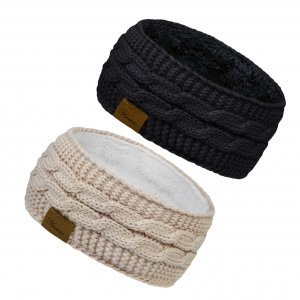 YSense 2 Pack Ear Warmer Headband Women Winter Cable Knit Headband Twist Fuzzy Fleece Lined Gifts Stocking Stuffers for Mom, Light Beige, Black