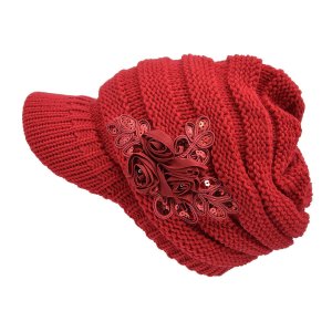 YSense - Women's Cable Knit Newsboy Visor Cap Hat with Sequined Flower
